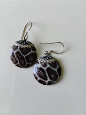 Sterling Silver Brown Patterned Disc Drop Earrings